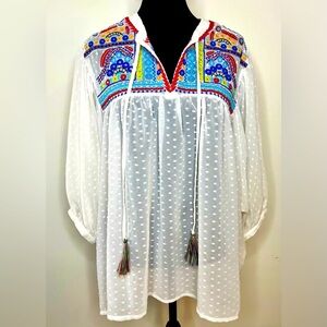 Lord and Taylor Context sheer white boho colorful embroidered peasant top Med